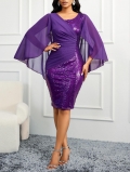 Women Sequin Chiffon Cloak Sleeve Bodycon Midi Dress Sexy Patchwork Evening Party Gown Elegant Knee Length Sheath Dress For Cocktails
