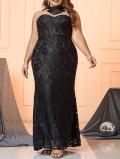 Women's Plus Size Sexy Elegant Black Lace Evening Gown Halter Neck Sleeveless Slim Fit Floor Length Maxi Dress For Wedding Party Banquet
