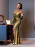 Women's Elegant One Shoulder Long Sleeve Evening Gown Metallic Gold High Slit Maxi Dress For Wedding Party Banquet