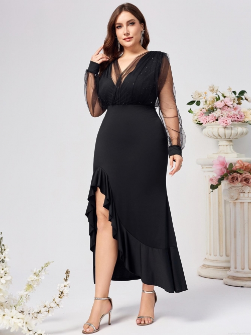Women's Elegant V Neck Evening Dress Mesh Long Sleeves With Glitter Asymmetrical Ruffle Hem High Slit Formal Party Gala Dress Wedding Guest Gown