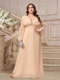 Women's Plus Size Elegant V-Neck Pleated Maxi Dress Chiffon Flare Long Sleeve Evening Party Gown For Wedding Anniversary Lady Occasion Clothing