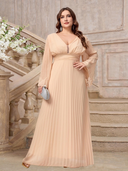 Women's Plus Size Elegant V-Neck Pleated Maxi Dress Chiffon Flare Long Sleeve Evening Party Gown For Wedding Anniversary Lady Occasion Clothing