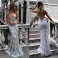 Elegant Sequin Mermaid Evening Dress Deep V Neck Backless Long Gown With Mesh Polyester Fabric For Wedding Party Prom Formal Occasions Women