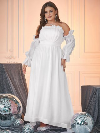 Plus Size Off Shoulder Maxi Dress Elegant Satin Finish Polyester Lantern Sleeve Ruffle Ruched Lace Party Evening Formal Gown For Women