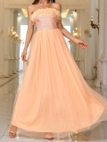 Elegant Sequin Mesh Maxi Dress With Feather Trim Strapless Tube Top Evening Party Prom Gown For Women Peach Apricot Formal Sleeveless Dress