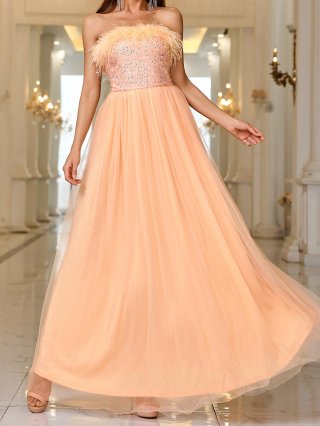 Elegant Sequin Mesh Maxi Dress With Feather Trim Strapless Tube Top Evening Party Prom Gown For Women Peach Apricot Formal Sleeveless Dress
