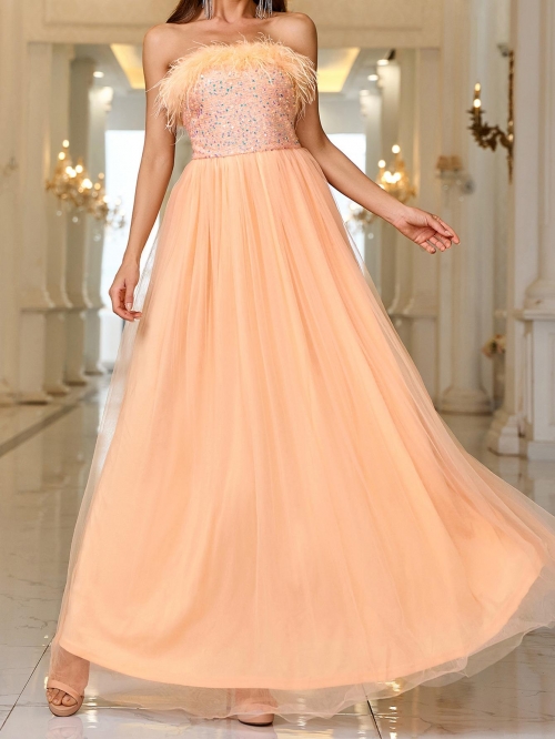 Elegant Sequin Mesh Maxi Dress With Feather Trim Strapless Tube Top Evening Party Prom Gown For Women Peach Apricot Formal Sleeveless Dress