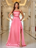 Elegant Pink Polyester Satin Spaghetti Strap Evening Dress High Slit Square Neck Pockets Floor Length Maxi Prom Gown For Women Wedding Party Bridesmaid