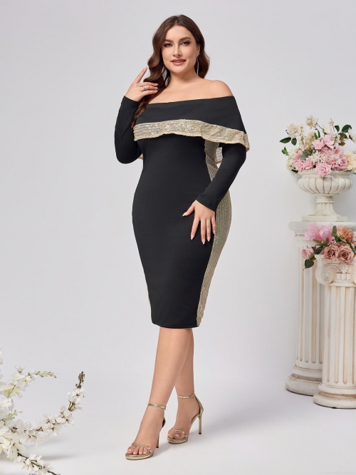 Women's Plus Size Off-The-Shoulder Sequin Patchwork Bodycon Midi Dress Elegant Long Sleeve Evening Party Gown Formal Wedding Guest Dress For Ladies