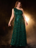 Women's Plus Size One Shoulder Sequin Evening Gown Elegant Emerald Green Maxi Party Dress Formal Wedding Guest Prom Sleeveless Sequin Embroidery Gown