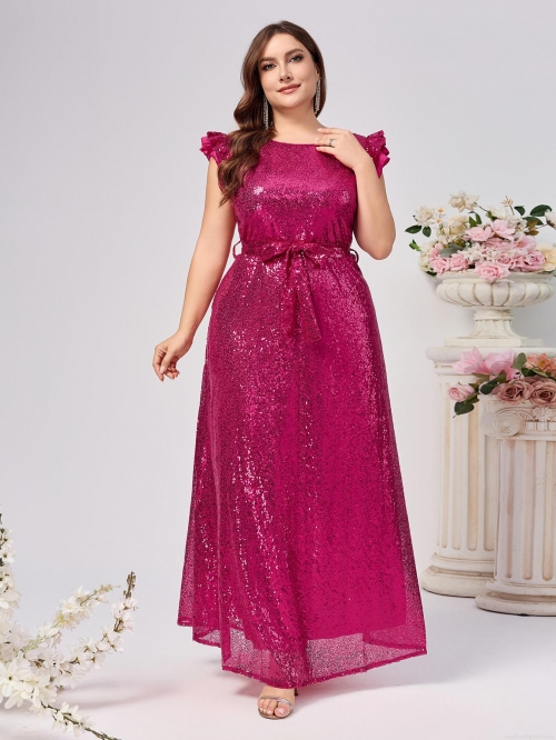 Women's Plus Size Sequin Evening Gown Elegant Fuchsia Flutter Sleeve Round Neck Maxi Dress With Belt For Party Banquet Formal Occasion