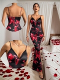 Women's Sexy V Neck Floral Print Backless Cami Maxi Dress Elegant Satin Lace Trim Bodycon Mermaid Evening Party Long Dress