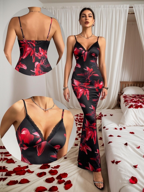 Women's Sexy V Neck Floral Print Backless Cami Maxi Dress Elegant Satin Lace Trim Bodycon Mermaid Evening Party Long Dress