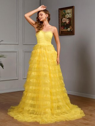 Elegant Bright Yellow Lace Mesh Tiered Maxi Dress Sexy Backless V-Neck Spaghetti Strap A-Line Evening Party Gown For Women