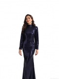 Elegant Long Sleeve High Neck Sequin Maxi Dress Backless Side Split Floor Length Evening Gown For Women Party Wedding Sexy Slim Fit Sparkly Sequin Embroidery Prom Dress