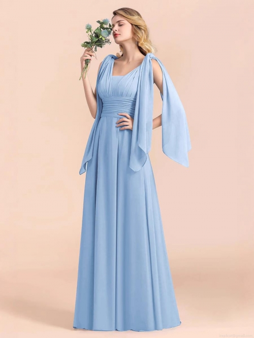Elegant Light Blue Chiffon Maxi Evening Dress With Cape Sleeves V-Neck High Waist Ruched Party Gown For Women Prom Wedding Guest Dresses