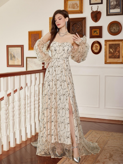 Elegant Sexy Gold Sequined Evening Gown Women Luxury Off-Shoulder Puff Sleeve Tulle Mesh High Slit Maxi Dress For Wedding Party Gala Banquet