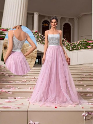 Elegant Pink Silver Sequin Evening Gown Women Square Neck Spaghetti Strap Mesh Floor Length A-Line Wedding Party Dress