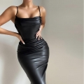 Women Sexy PU Leather Ruched Cami Dress Bodycon Midi Party Nightclub Clubwear Sleeveless Strappy Faux Leather Pencil Dress Ruched Evening Outfits