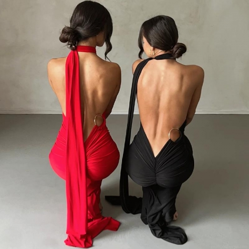 Sexy Backless Maxi Dress Polyester Sleeveless Ruched Slim Fit Evening Gown One Shoulder Party Dress For Women Banquet Elegant Formal Dress