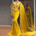Elegant Yellow Satin Sequin Evening Dress Women One Shoulder Cloak Sleeve Mermaid Maxi Gown For Wedding Party Banquet Prom Luxury Slim Fit Rhinestone Dress