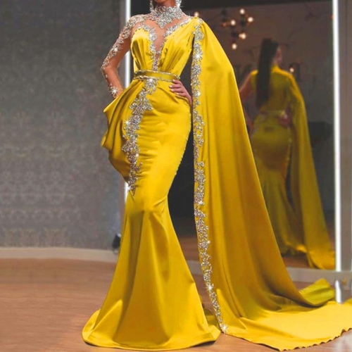 Elegant Yellow Satin Sequin Evening Dress Women One Shoulder Cloak Sleeve Mermaid Maxi Gown For Wedding Party Banquet Prom Luxury Slim Fit Rhinestone Dress
