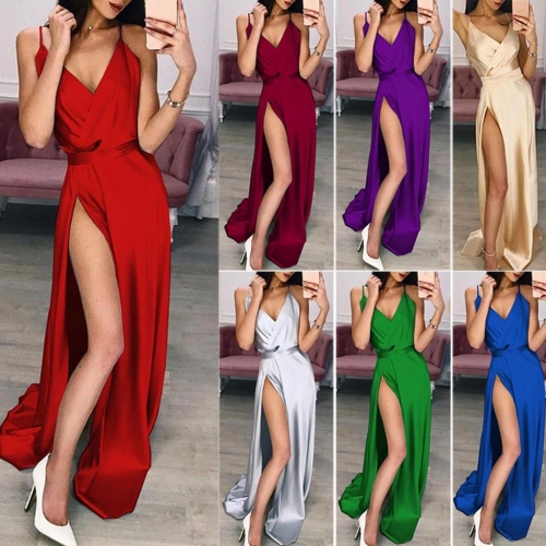 Women's Sexy V-Neck Satin High Slit Maxi Dress Elegant Sleeveless Backless Evening Gown For Wedding Party Banquet Prom Solid Color Floor Length Slit Dress