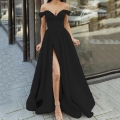 Women's Elegant Off-the-Shoulder V-Neck High Slit Satin Evening Gown Floor-Length Maxi Dress for Wedding Banquet Party Occasions