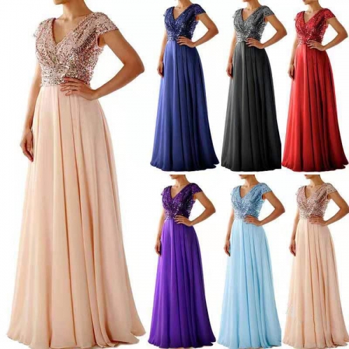 Women's Elegant V-Neck Sequin Patchwork Chiffon Maxi Dress High Waist Short Sleeve Evening Gown For Wedding Party Banquet Formal Long Dress