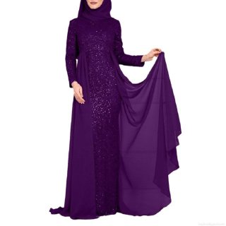 Elegant Sequin Muslim Evening Dress With Matching Hijab Long Sleeve Round Neck Slim Fit High Waist Chiffon Side Drape Sequin Polyester Formal Party Dress For Women