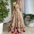 Elegant Women 3D Floral Embroidery Maxi Evening Dress Sleeveless Chiffon Mesh A-Line Long Gown With Waist Ribbon For Wedding Party Banquet