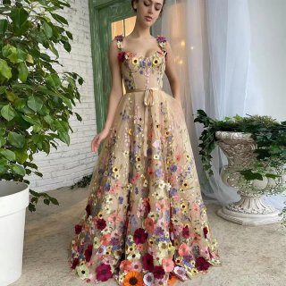 Elegant Women 3D Floral Embroidery Maxi Evening Dress Sleeveless Chiffon Mesh A-Line Long Gown With Waist Ribbon For Wedding Party Banquet