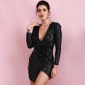Sexy Women's V Neck Sequin Bodycon Mini Dress Elegant Long Sleeve Irregular Hem Party Evening Cocktail Dress With Back Zipper