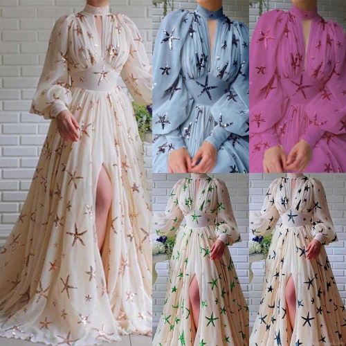 Women's Elegant Sequin Starfish Maxi Dress Chiffon High Neck Lantern Sleeve Slit Party Gown For Wedding Vacation Summer Socialite Evening Wear