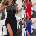 Women Sexy Halter Neck Rhinestone Slit Evening Dress Elegant Bodycon Sleeveless Hollow Out Polyester Spandex Maxi Dress For Party Banquet Nightclub Prom Wedding