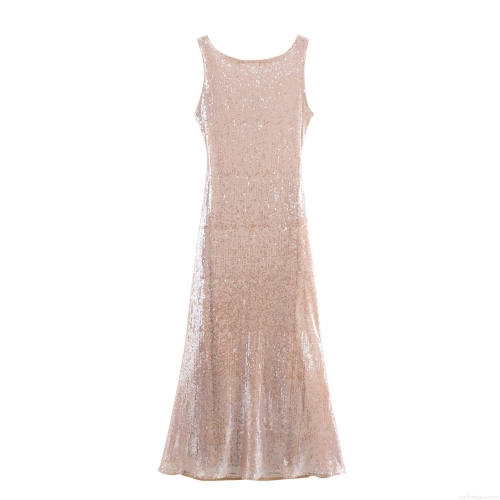 Sexy Champagne Sequin Backless Maxi Dress Elegant Fishtail Evening Gown Sleeveless Slim Fit Party Formal Long Dress For Women