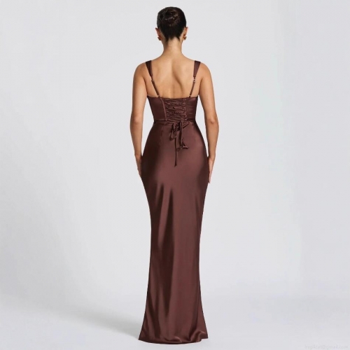 Elegant Satin Evening Gown Square Neck Sleeveless Backless Lace Up Maxi Dress For Wedding Party Banquet Women Sexy Slim Fit Floor Length Prom Dress