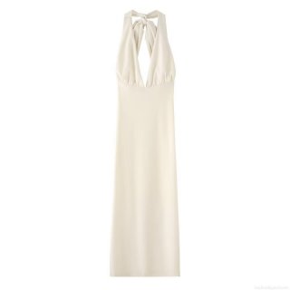 Women's Elegant Halter Neck Backless Maxi Dress Woven Polyester Deep V-Neck Long Party Evening Gown With Large Bow Decoration For Wedding Date Celebrity Style