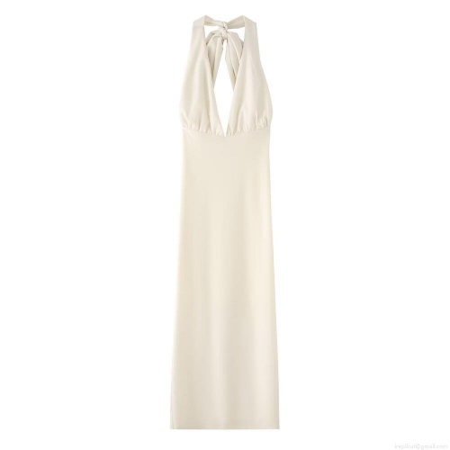 Women's Elegant Halter Neck Backless Maxi Dress Woven Polyester Deep V-Neck Long Party Evening Gown With Large Bow Decoration For Wedding Date Celebrity Style