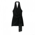 Sexy Women's Halter Neck Velvet Mini Dress With Long Fringe Trim Wrap Bodycon Sleeveless Party Evening Dress Solid Black Sleeveless Clubwear Dress