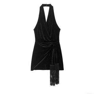 Sexy Women's Halter Neck Velvet Mini Dress With Long Fringe Trim Wrap Bodycon Sleeveless Party Evening Dress Solid Black Sleeveless Clubwear Dress