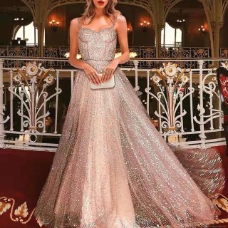 Women's Sequin Strap Maxi Dress Elegant Sleeveless V Neck Backless Evening Gown For Wedding Party Formal Occasion Champagne Gold Sequin Prom Dress