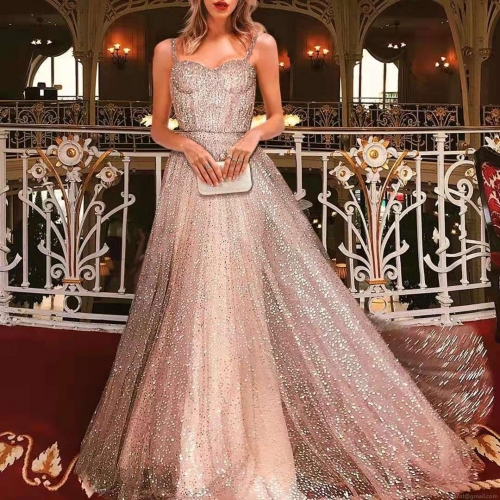 Women's Sequin Strap Maxi Dress Elegant Sleeveless V Neck Backless Evening Gown For Wedding Party Formal Occasion Champagne Gold Sequin Prom Dress