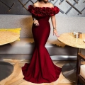 Women Elegant Off-The-Shoulder Ruffle Mermaid Evening Dress Solid Color Ruched Slim Fit Sweep Train Maxi Gown For Party Wedding Formal Occasion