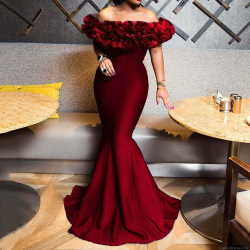 Women Elegant Off-The-Shoulder Ruffle Mermaid Evening Dress Solid Color Ruched Slim Fit Sweep Train Maxi Gown For Party Wedding Formal Occasion