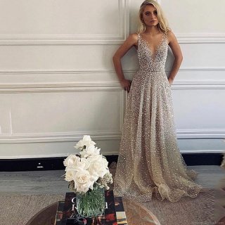 Women's Elegant Deep V-Neck Sequined Maxi Dress Sleeveless Spaghetti Strap Glitter Evening Gown For Wedding Party Banquet Formal Events High Waist A-Line Gradient Long Dress