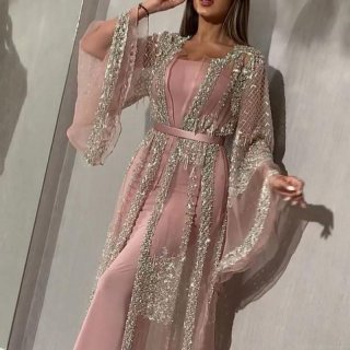 Women's Elegant Two-Piece Sequined Evening Gown Mesh Bronzing Embroidery Maxi Dress Long Sleeve Abaya Set For Wedding Party Banquet Guest Dress