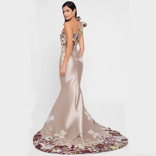 Elegant Champagne Satin One Shoulder Evening Gown With Floral Embroidery Mermaid Maxi Dress For Women Wedding Party Formal Occasion