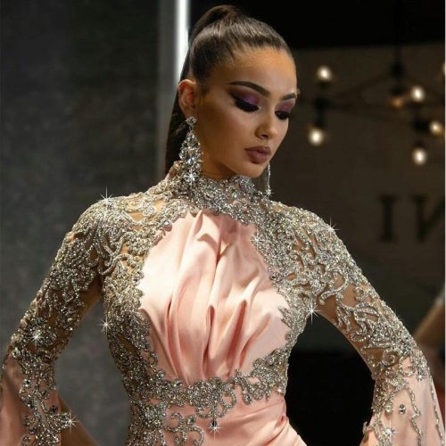 Luxury High Neck Sequin Satin Evening Gown For Women Elegant Coral Pink Long Cloak Sleeve Side Slit Formal Party Dress Silver Embroidery Wedding Gala Maxi Gown