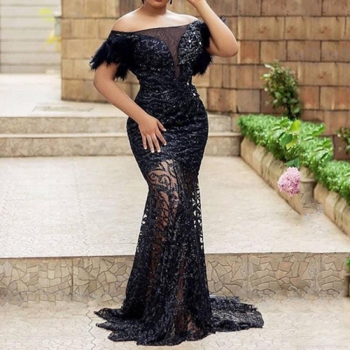 Women's Elegant Luxury Sequin Lace Evening Dress With Feather Sleeve Off Shoulder Slim Fit Mermaid Long Gown For Wedding Party Banquet